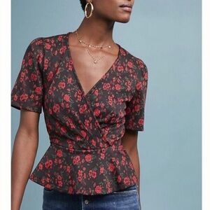 Meadow Rue by Anthro Rose Floral Peplum Blouse Wrap Style Romantic Cute Size S